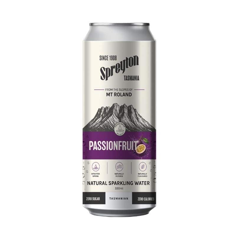 A 330ml can labelled “Spreyton Tasmanian Natural Sparkling Water, Passionfruit Flavour” with black, purple, and white mountain design and product details.