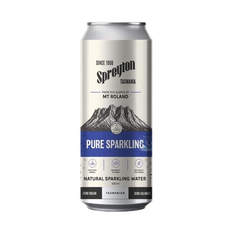 Can labelled “Spreyton Tasmania Pure Sparkling natural sparkling water” 330ml, with a mountain illustration and product details on the label.