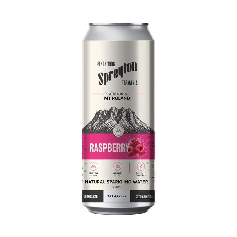 A tall tin with the text “Spreyton Raspberry Natural Sparkling Water” on a pink label band, mountain illustration, and raspberry graphics.