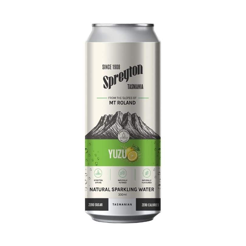 330ml can labelled “Spreyton Tasmania Natural Sparkling Water, Yuzu flavour, zero sugar, zero calories,” with mountain artwork and “Tasmanian” text.